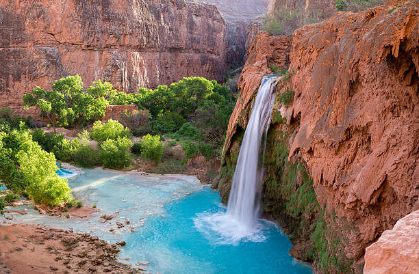 Havasu Falls, Arizona 2 The amazing view of Havasu Falls from above the falls after a hot, long, hike through the desert. coconino county stock pictures, royalty-free photos & images