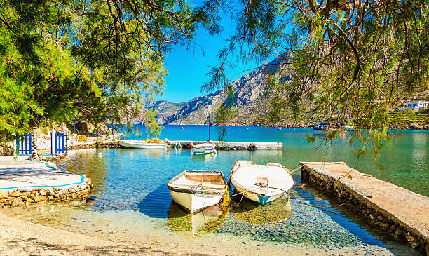 Haven with boats in sea bay , Greece stock photo
