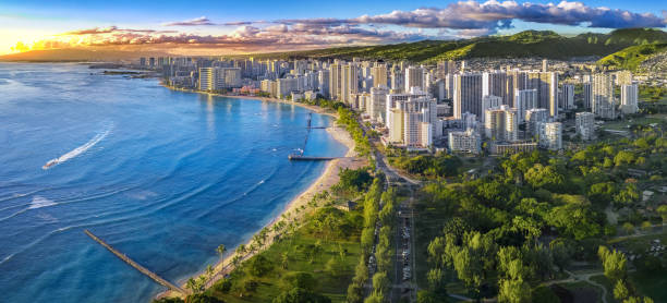 Hawaiian city scape with mountains stock photo