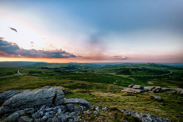 Hay Tor, Saddle Tor, Hound Tor & the B3392 Overlooking Hound Tor, Saddle Tor and the B3392 from Ripon Tor, Dartmoor outcrop stock pictures, royalty-free photos & images