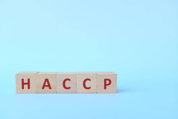 hazard analysis critical control point or haccp acronym in wooden blocks on blue background. safety in food industry and manufacturing concept. - haccp imagens e fotografias de stock
