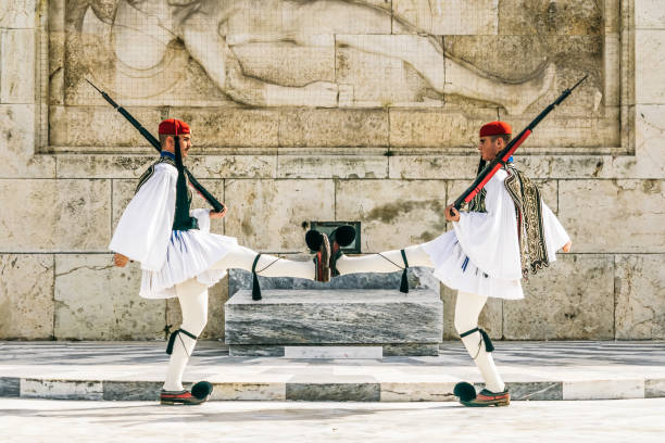 He changing of the guard ceremony in front of the Greek Parliament stock photo