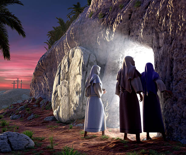 He is Risen Mary Magdalene, Mary, &amp; Salom walking up to the bright empty tomb of Jesus Christ early Sunday morning, Showing Golgotha in the background. the crucifixion stock pictures, royalty-free photos & images
