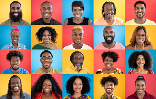 Composite image depicting 20 black men and women aged 19-64 wearing casual clothing and smiling at camera against various multi colored backgrounds.