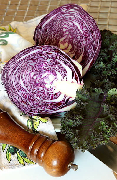 head of purple cabbage on the board.. stock photo