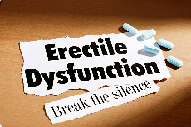 Headline about erectile dysfunction and some of those blue pills A press headline on erectile dysfunction, a notice asking for the silence to be broken and some of those famous blue pills to solve the problem!  anti impotence tablet stock pictures, royalty-free photos & images