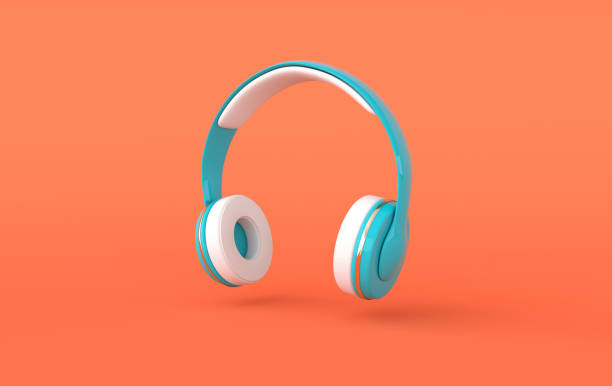 auriculares renderizado 3d realista. amante de la música fondo minimalista con auriculares de audio inalámbricos azules, blancos y dorados - auriculares equipo de música fotografías e imágenes de stock