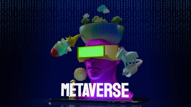 메타버스 또는 기술 컨셉 3d 렌더링용 태블릿용 헤드셋 - metaverse 뉴스 사진 이미지