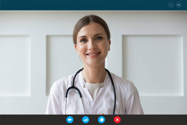 Headshot portrait of female nurse consult patient online Headshot portrait screen application view of smiling female nurse talking on video call with sick patient at home, happy woman doctor or GP consult client online using Web conference on computer nurse talking to camera stock pictures, royalty-free photos & images