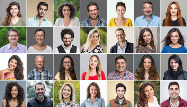 headshot portretten van diverse lachende echte mensen - gezicht stockfoto's en -beelden