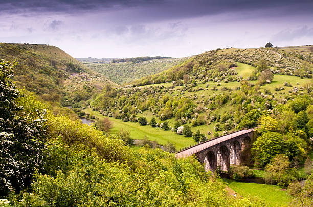 Headstone Viaduct The Victorian Midland Railway Headstone Viaduct, now part of the Monsal Trail cycleway, in Monsal Dale in England's Peak District National Park. peak district national park stock pictures, royalty-free photos & images
