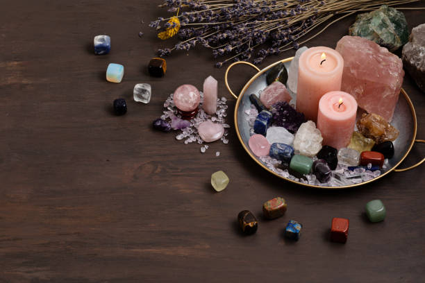Healing chakra crystals therapy. Alternative rituals, gemstones for wellbeing, meditation, destress stock photo