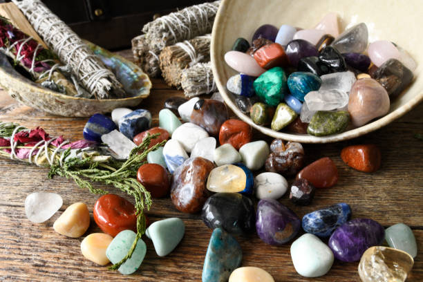 Healing Crystals and Smudge Sticks stock photo