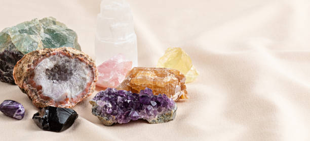 Healing reiki chakra crystals. Gemstones for wellbeing, destress, meditation, relaxation stock photo