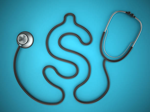 Health care costs Stethoscope with dollar shaped cord standing on turquoise background. Vignette effect applied. expense stock pictures, royalty-free photos & images