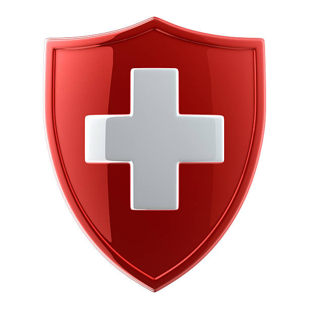 Health protection logo on white background Glossy Shield with Medical Cross. Isolated on white with clipping path. 3D render. health cross stock pictures, royalty-free photos & images