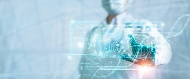Healthcare and medicine, Doctor touch and diagnose a virtual Human Lungs with Covid-19 or coronavirus spread inside on modern interface screen on laboratory, Innovation and Medical technology. stock photo