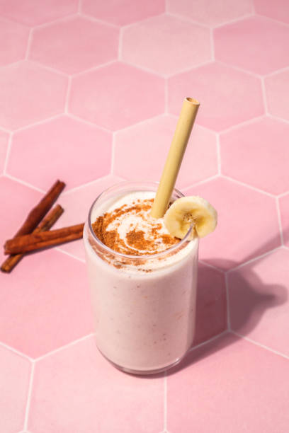 Healthy Banana Milkshake with Almond Milk and Cinnamon stock photo
