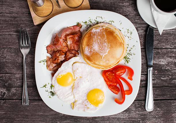 Healthy breakfast on a plate flat lay stock photo