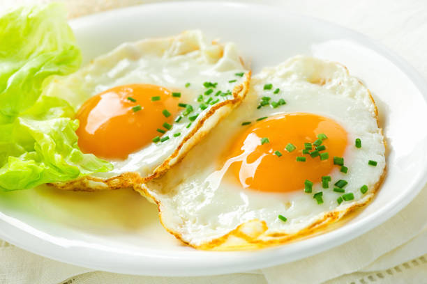 Healthy breakfast with fried eggs Healthy breakfast with fried eggs and green salad fried egg photos stock pictures, royalty-free photos & images