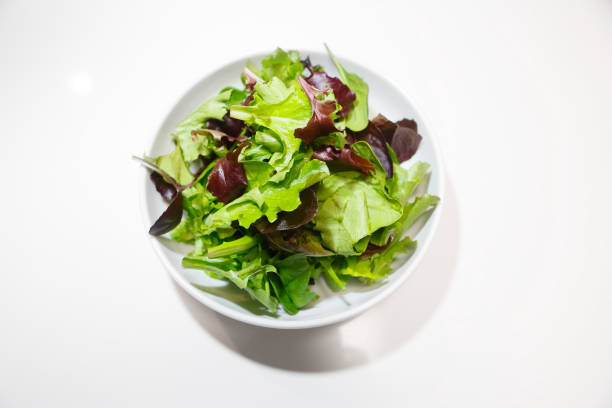 healthy eating: bowls of gourmet lettuce greens - salad bowl imagens e fotografias de stock