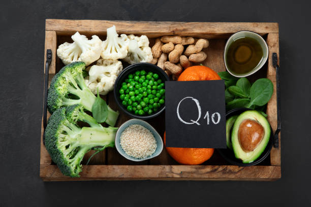 Healthy food contains coenzyme Q10, Healthy food contains coenzyme Q10, supports immune system. Top view, chalkboard"n liver offal photos stock pictures, royalty-free photos & images