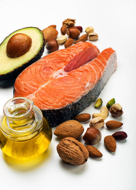 Healthy food Mixed fresh healthy fat with salmon fish- health concept fat nutrient stock pictures, royalty-free photos & images
