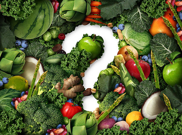 Healthy Food Question Healthy food questions as a concept for green diet as a group of fresh fruit vegetables nuts beans and berries in the shape of a question mark as a symbol of good high fiber eating and information on natural nutrition in a 3D illustration style. dietary fiber stock pictures, royalty-free photos & images