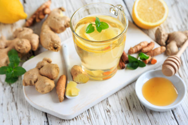 healthy ginger tea with lemon stock photo