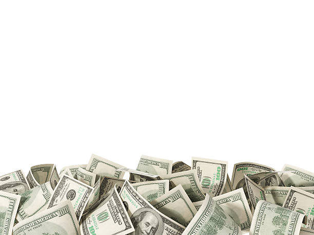 heap of 100 dollar bills isolated on white background - money stockfoto's en -beelden