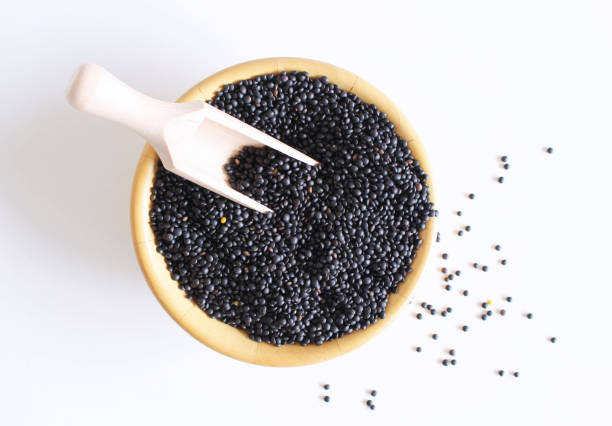 Heap of black organic beluga lentils with wood spoon in wooden bowl on white table background.Concept of food.Its black color even includes similar antioxidants like blueberries and blackberries. Heap of black organic beluga lentils with wood spoon in wooden bowl on white table background,concept of food.Its black color even includes similar antioxidants like blueberries and blackberries. beluga whale stock pictures, royalty-free photos & images