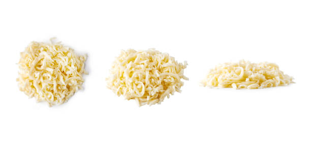 heap of grated mozzarella heap of grated mozzarella cheese isolated on white background mozzarella stock pictures, royalty-free photos & images