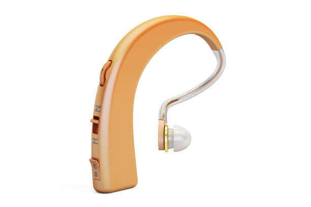 i̇şitme cihazı closeup, tarih izole beyaz arka plan render 3d - hearing aids stok fotoğraflar ve resimler