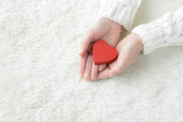 女性の手で覆われた心臓の物体 - 安心 ストックフォトと画像