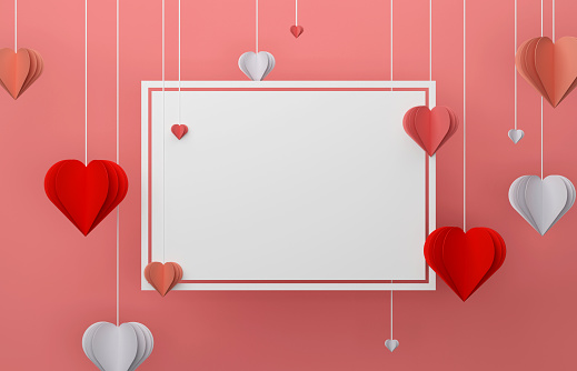 Heart Shape, Frame And Valentine's Day Background. Origami Heart Shape Hanging.