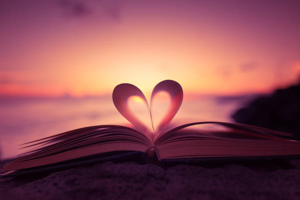 libro di carta a forma di cuore sulla spiaggia - amore foto e immagini stock