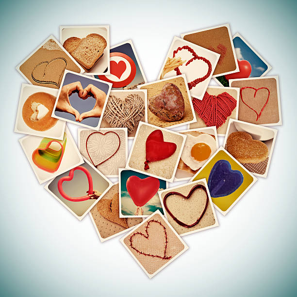 hearts collage a collage of different snapshots of hearts and heart-shaped things, forming a heart, with a retro effect mosaic photos stock pictures, royalty-free photos & images