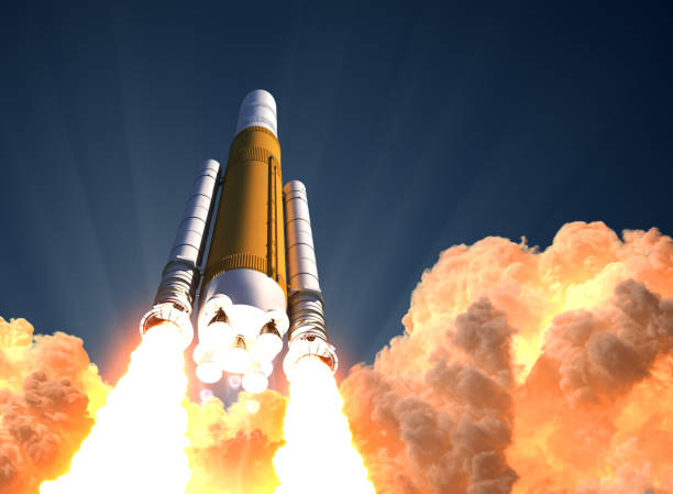 Heavy Rocket Launch In The Clouds Of Fire Heavy Rocket Launch In The Clouds Of Fire. 3D Illustration. rocket fire stock pictures, royalty-free photos & images
