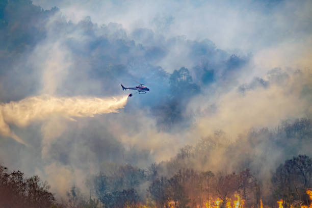 hélicoptère larguant l’eau sur le feu de forêt - incendie photos et images de collection