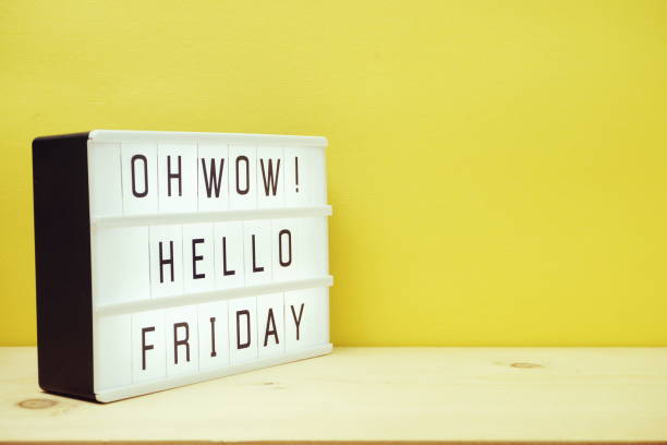 Hello Friday text in lightbox with space copy on yellow background Hello Friday text in lightbox with space copy on yellow background happy friday stock pictures, royalty-free photos & images