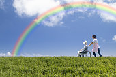 虹の下を歩くヘルパーと高齢者