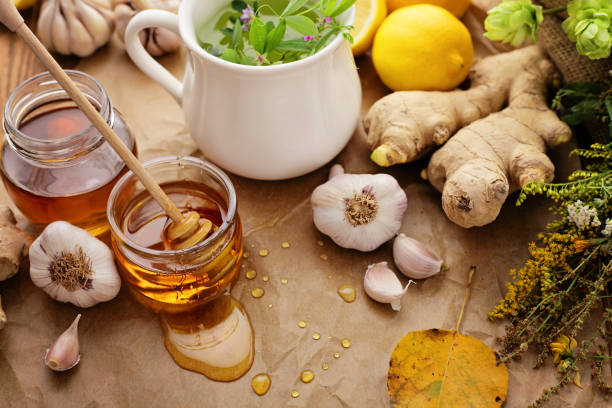 herbal tea and honey stock photo
