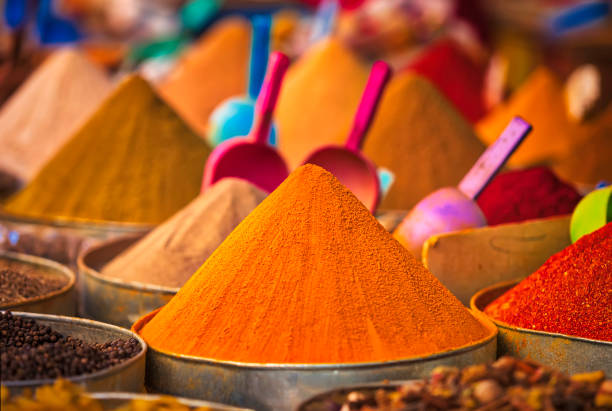 Herbs and spices for sale (HDRi) dried herbs and spices in a street market stall - Fez souk, Morocco souk stock pictures, royalty-free photos & images
