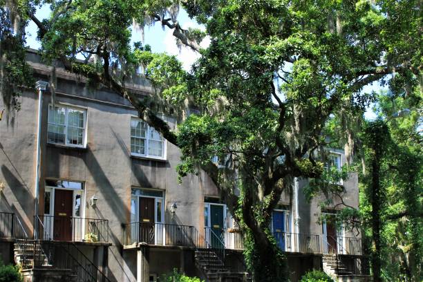 Heritage building on tree lined street in the historic district, Savannah, Georgia Old, heritage apartment building on tree lined street in the historic district,  Savannah, Georgia, United States. Cement building with brightly colored doors. Large, mature cypress trees on street. historic district stock pictures, royalty-free photos & images