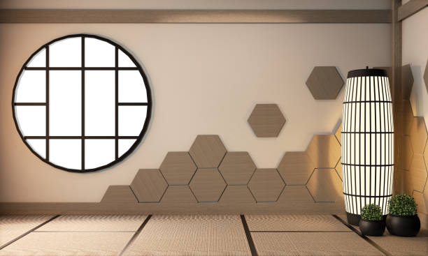Hexagon wooden tiles on wall and lamp on tatami mat floor, Empty room japanese style.3D rendering stock photo