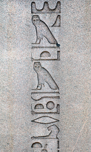 Hieroglyphs on the ancient egyptian obelisk of Theodosius (Dikilitas) or egyptian obelisk of pharaoh Thutmose III, Hippodrome, Sultanahmet Square,  Istanbul, Turkey