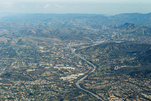 High above the Ventura Freeway 101 looking east over Thousand Oaks, Highway 23, Westlake Village and Agora Hills stock photo