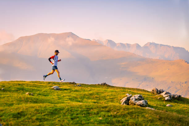 High altitude marathon runner during a training session stock photo