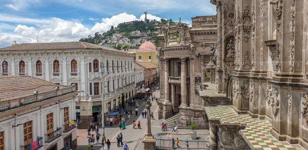 High angle street in old town Quito stock photo
