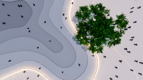 High angle view of people in a futuristic urban park